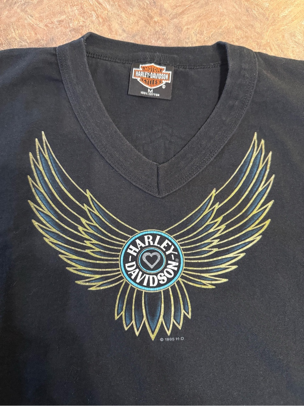 Vintage 1995 Harley-Davidson Women’s Black V-Neck with Gold & Blue Logo - Reno